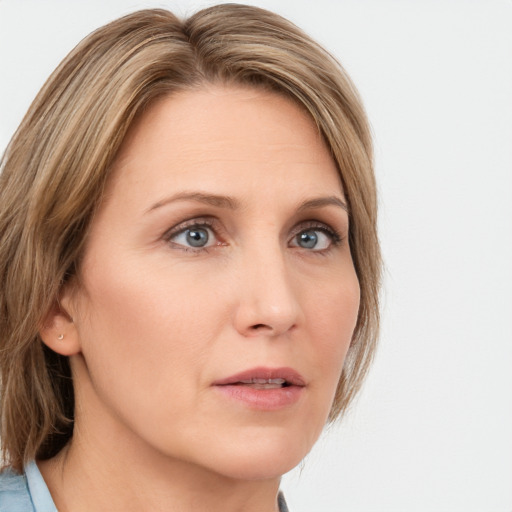 Neutral white young-adult female with medium  brown hair and blue eyes