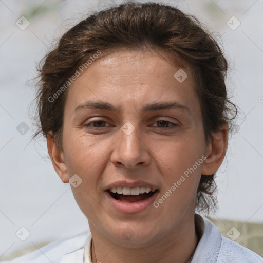 Joyful white adult female with short  brown hair and brown eyes