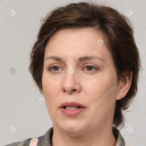 Neutral white adult female with medium  brown hair and brown eyes