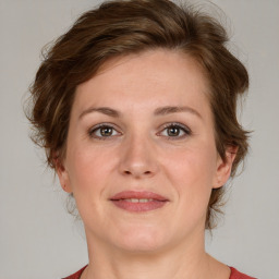 Joyful white adult female with medium  brown hair and grey eyes