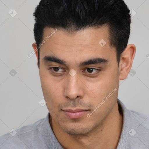 Neutral asian young-adult male with short  black hair and brown eyes