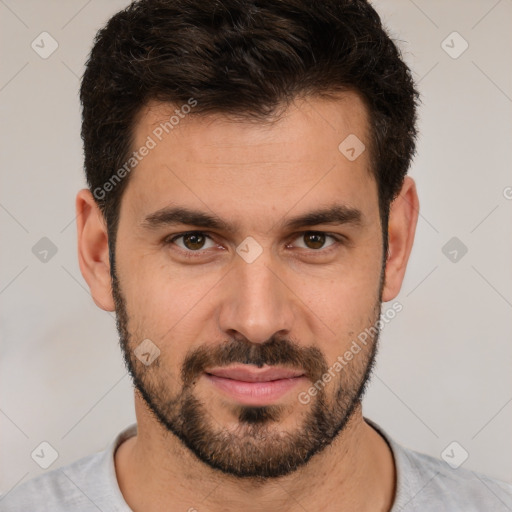 Neutral white young-adult male with short  brown hair and brown eyes