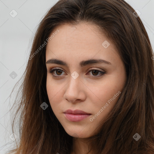 Neutral white young-adult female with long  brown hair and brown eyes