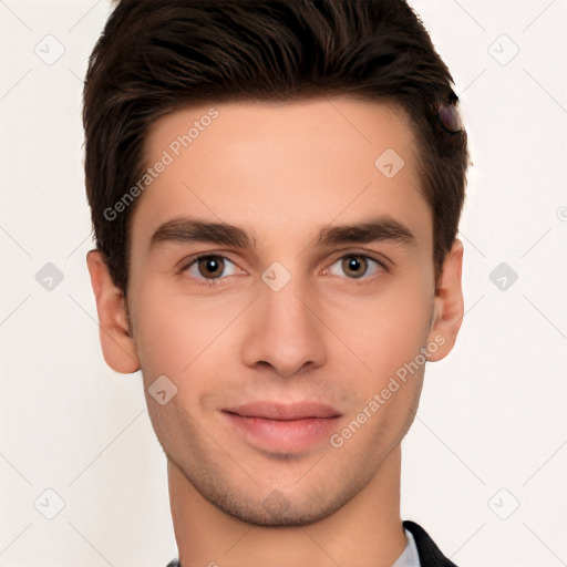 Neutral white young-adult male with short  brown hair and brown eyes