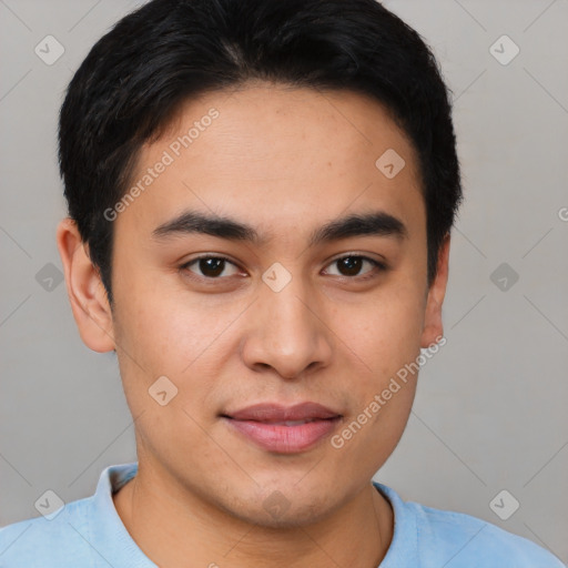 Joyful asian young-adult male with short  brown hair and brown eyes