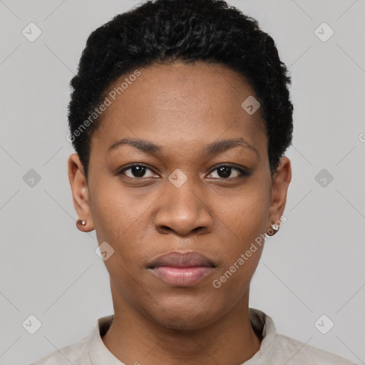 Neutral black young-adult female with short  black hair and brown eyes