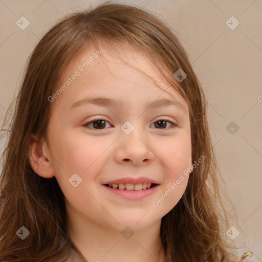 Joyful white child female with long  brown hair and brown eyes