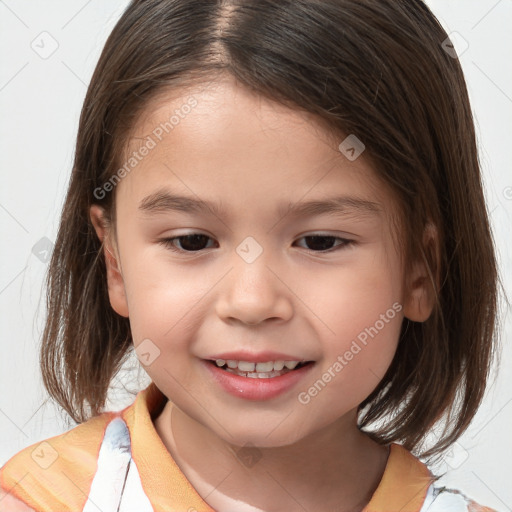 Joyful white child female with medium  brown hair and brown eyes