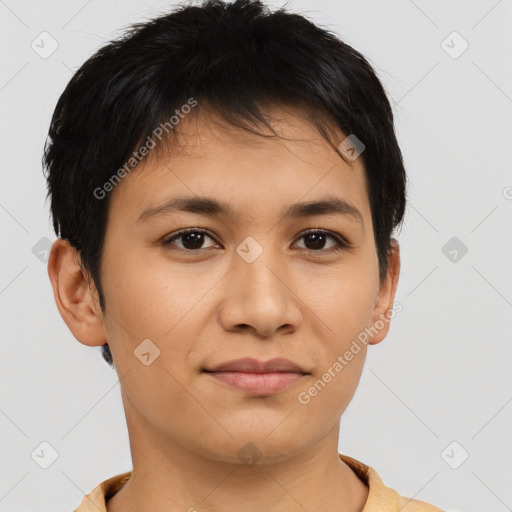 Joyful asian young-adult female with short  brown hair and brown eyes