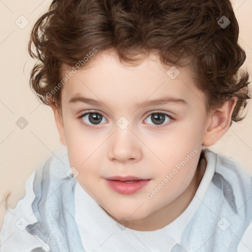 Joyful white child female with short  brown hair and brown eyes