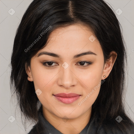 Joyful asian young-adult female with long  brown hair and brown eyes