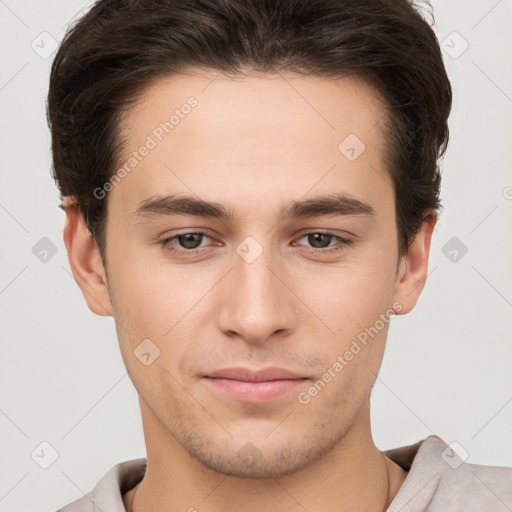 Neutral white young-adult male with short  brown hair and brown eyes