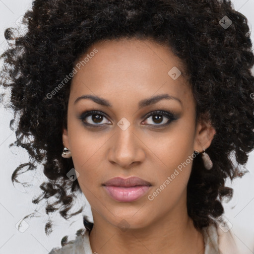 Joyful black young-adult female with medium  brown hair and brown eyes