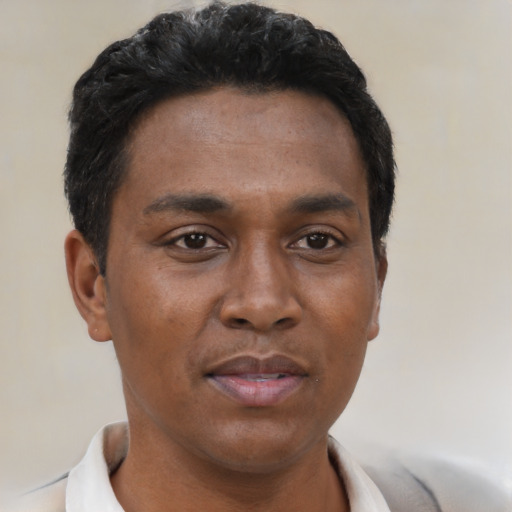 Joyful black young-adult male with short  black hair and brown eyes