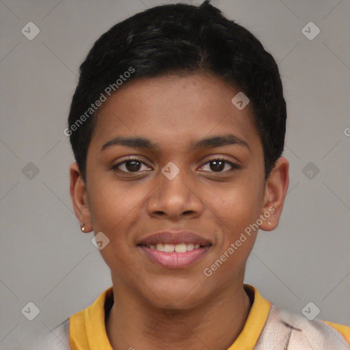 Joyful latino young-adult female with short  black hair and brown eyes