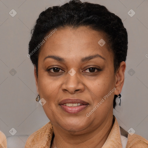 Joyful latino adult female with short  brown hair and brown eyes