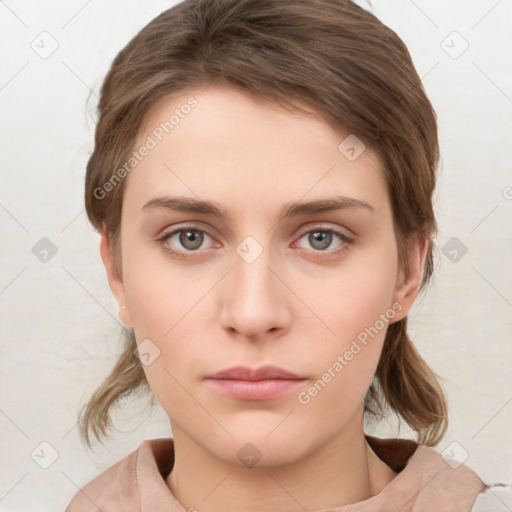 Neutral white young-adult female with medium  brown hair and grey eyes