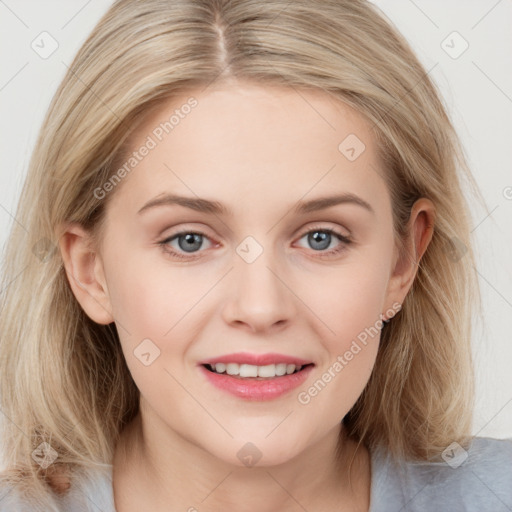 Joyful white young-adult female with medium  brown hair and blue eyes