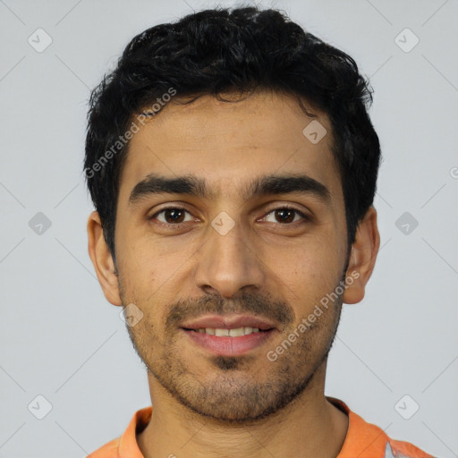 Joyful latino young-adult male with short  black hair and brown eyes