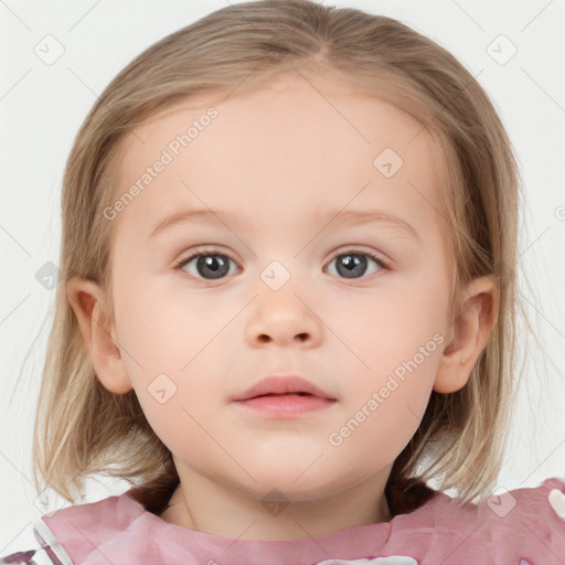 Neutral white child female with medium  brown hair and blue eyes