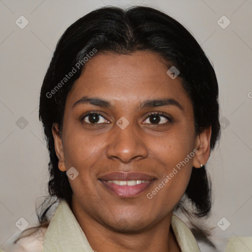 Joyful asian young-adult female with medium  brown hair and brown eyes