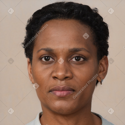 Neutral black adult female with short  black hair and brown eyes