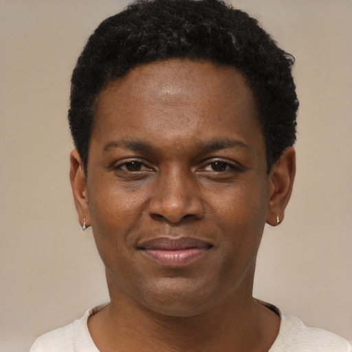 Joyful black young-adult male with short  black hair and brown eyes