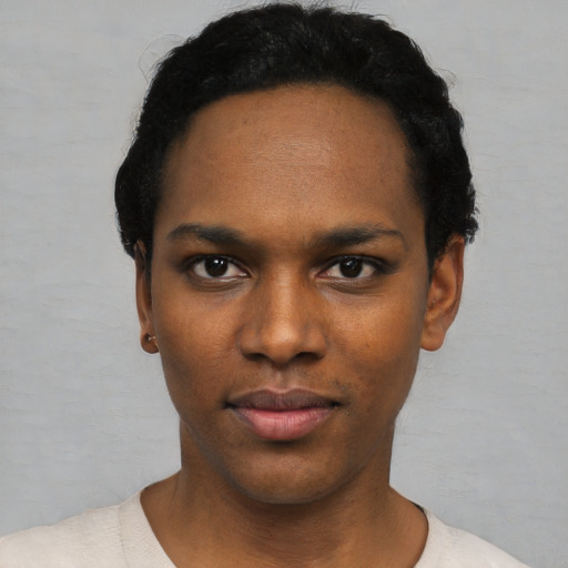 Neutral black young-adult male with short  black hair and brown eyes