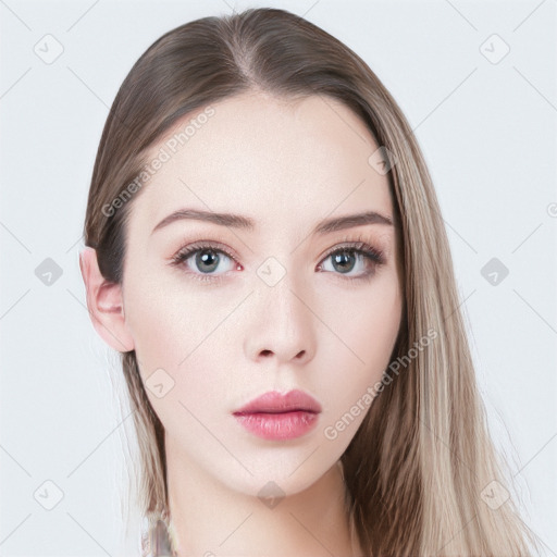 Neutral white young-adult female with long  brown hair and grey eyes