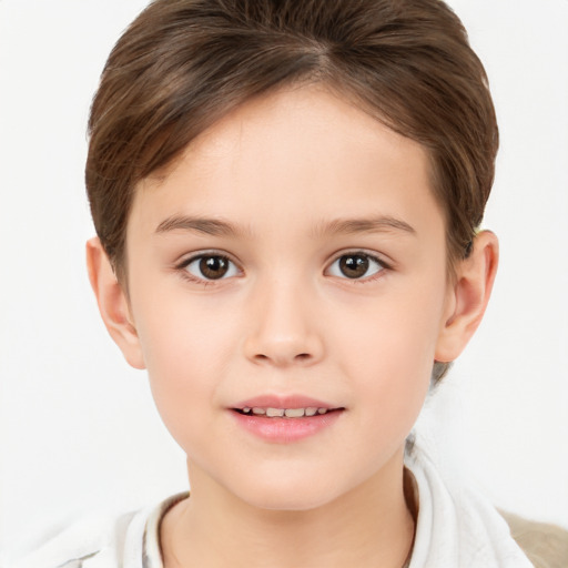 Joyful white child female with short  brown hair and brown eyes