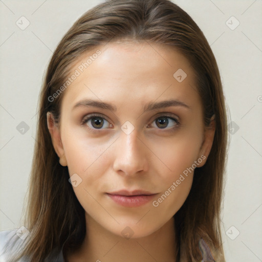 Neutral white young-adult female with long  brown hair and brown eyes