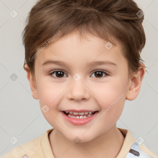 Joyful white child female with short  brown hair and brown eyes