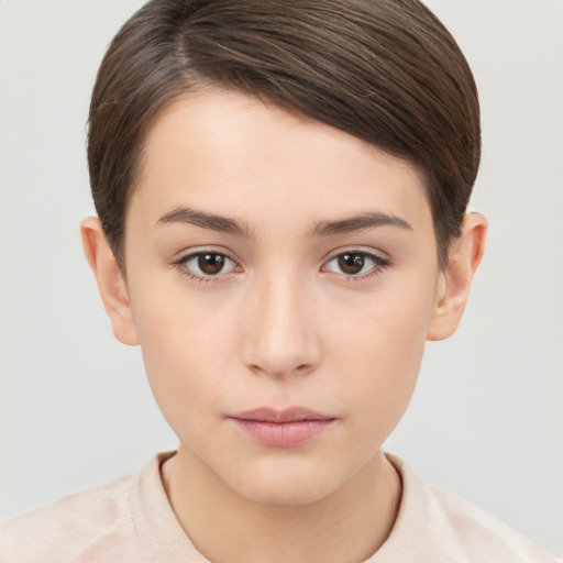 Neutral white young-adult female with short  brown hair and brown eyes