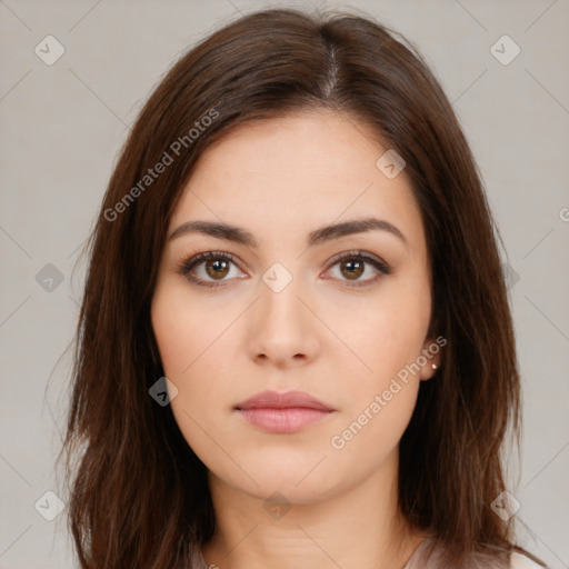 Neutral white young-adult female with long  brown hair and brown eyes