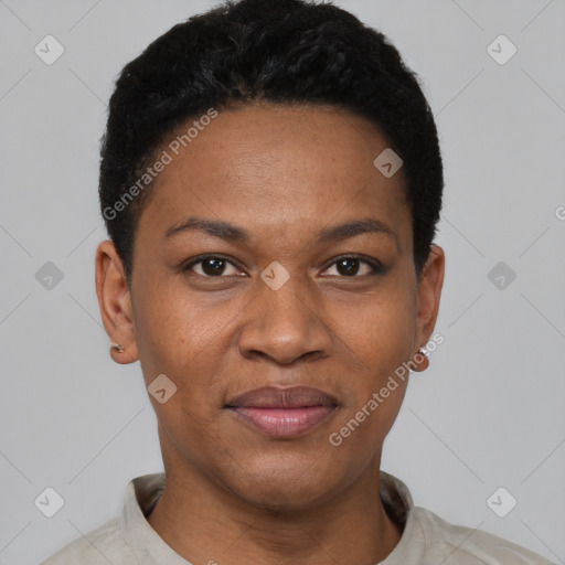 Joyful black young-adult female with short  black hair and brown eyes