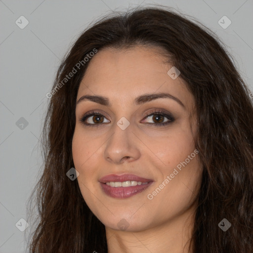 Joyful white young-adult female with long  brown hair and brown eyes