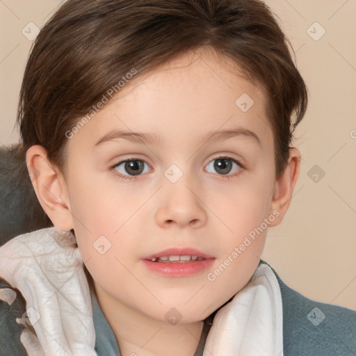 Joyful white child female with medium  brown hair and brown eyes