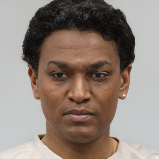 Neutral black young-adult male with short  black hair and brown eyes