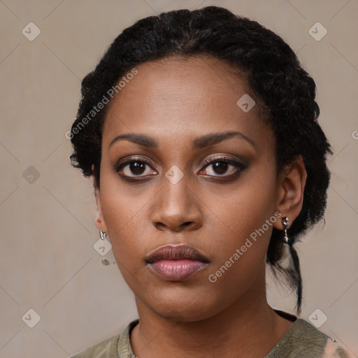 Neutral black young-adult female with medium  black hair and brown eyes