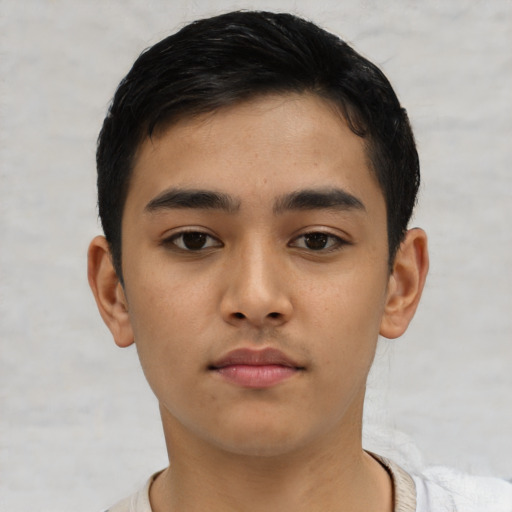 Neutral asian young-adult male with short  black hair and brown eyes