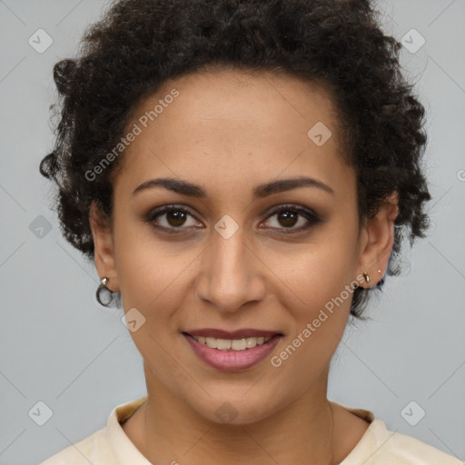 Joyful latino young-adult female with short  brown hair and brown eyes