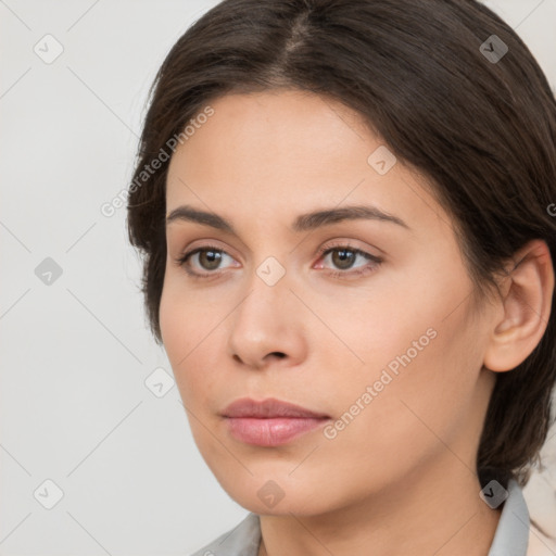 Neutral white young-adult female with medium  brown hair and brown eyes