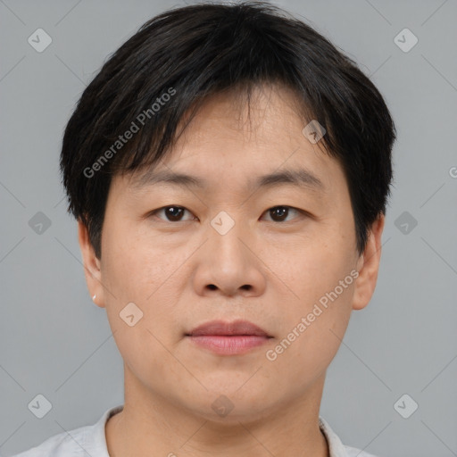 Joyful asian young-adult male with short  brown hair and brown eyes