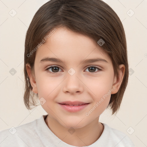 Joyful white child female with medium  brown hair and brown eyes