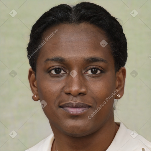 Joyful black young-adult male with short  brown hair and brown eyes