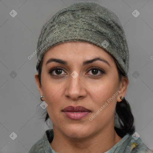 Joyful white young-adult female with short  black hair and brown eyes