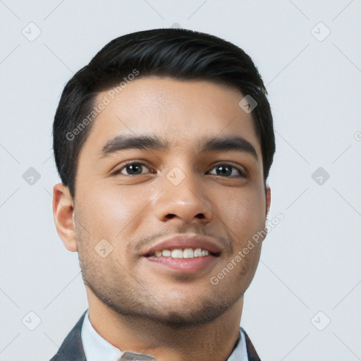 Joyful latino young-adult male with short  black hair and brown eyes