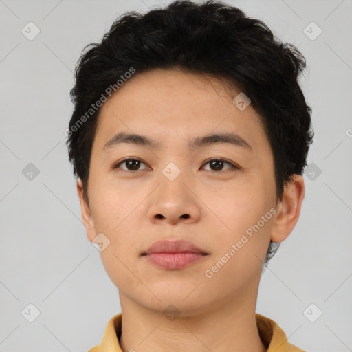 Neutral asian young-adult male with short  brown hair and brown eyes