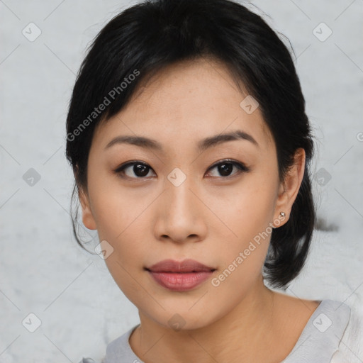 Neutral asian young-adult female with medium  black hair and brown eyes