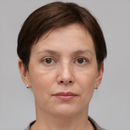 Joyful white adult female with short  brown hair and grey eyes